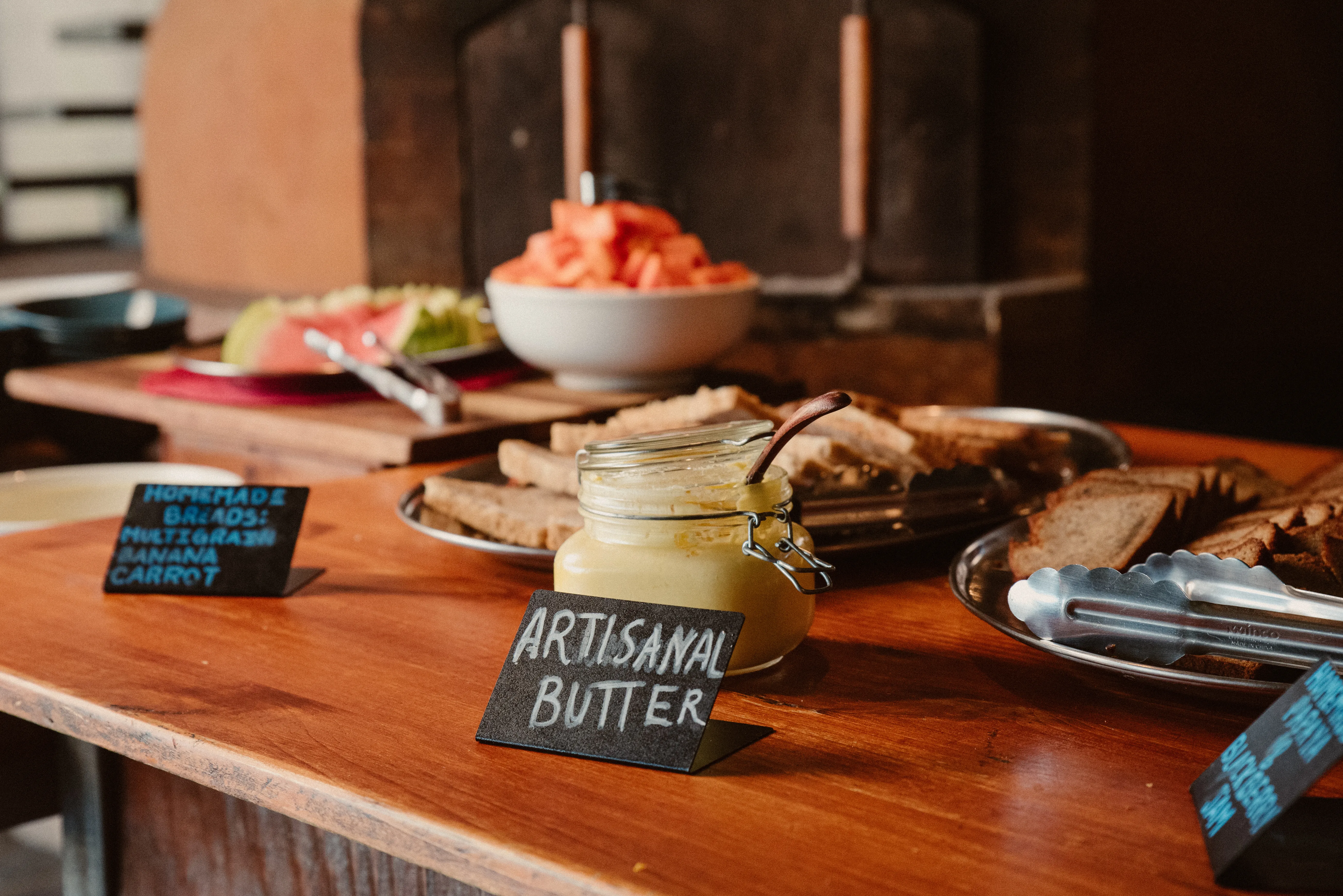 Breakfast by the fireplace in the farm-to-table restaurant
