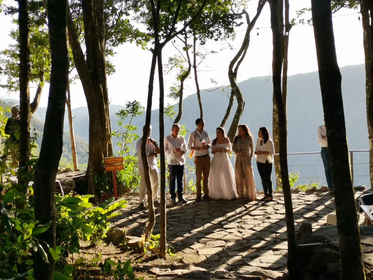 4 people stand with the bride and groom for a wedding at the Valle Escondido Terrace. You can see mountains, greenery, and the blue sky in the background.