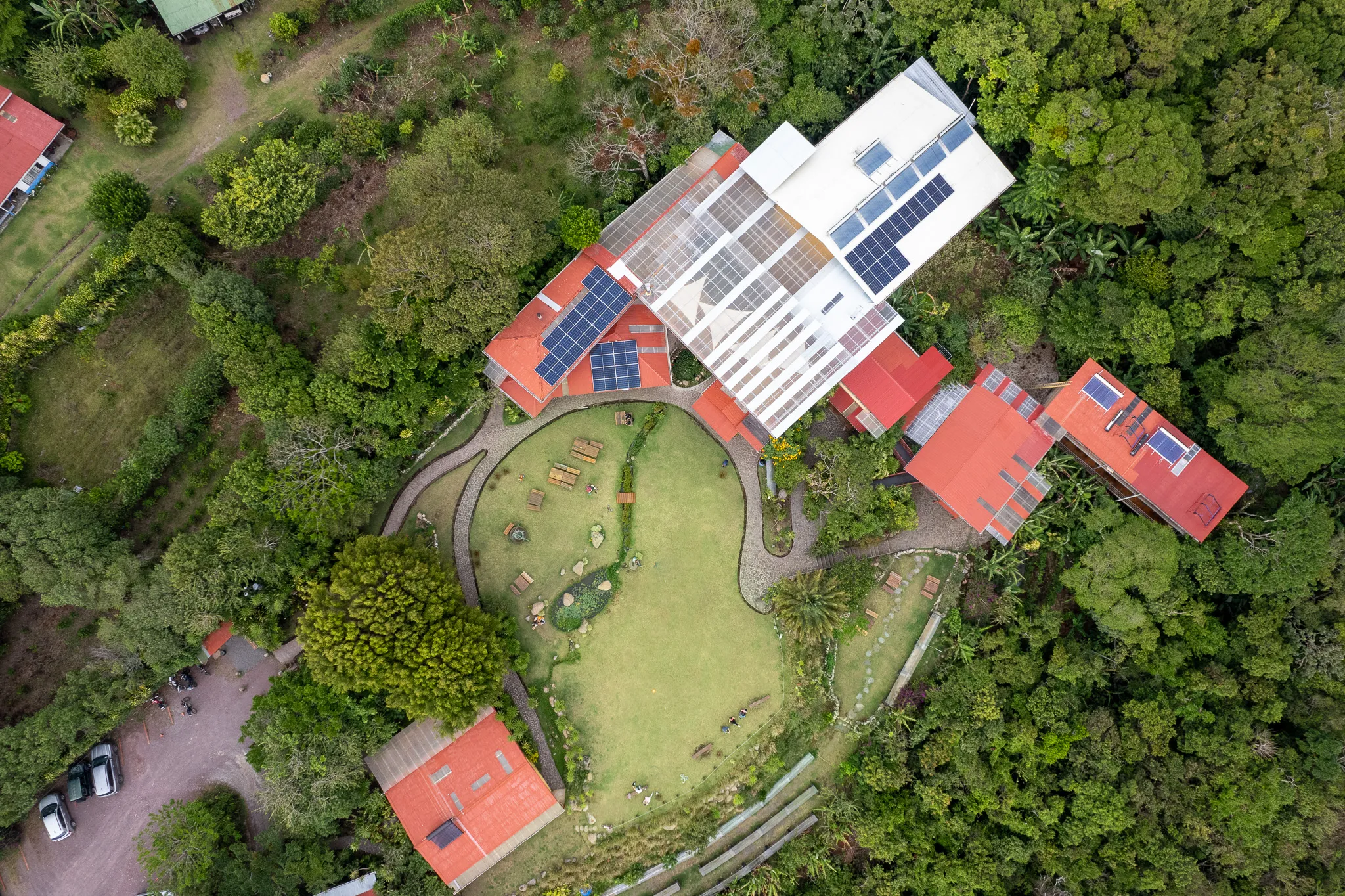 Aerial view of the Valle Escondido hotel and gardens